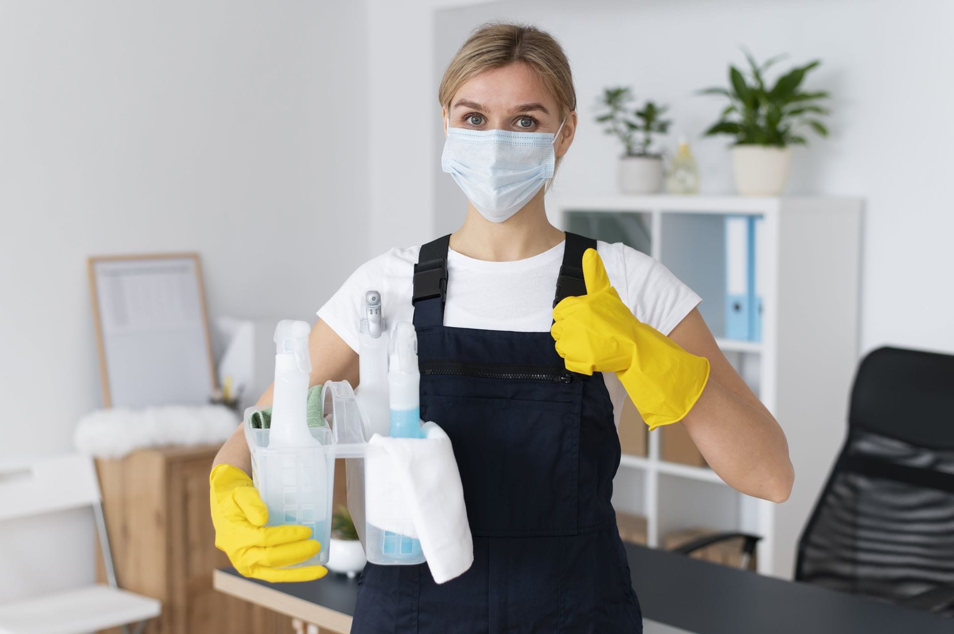 Person in mask and gloves holding cleaning spray bottles in a bright office.